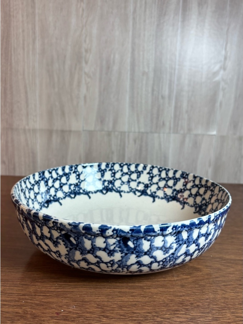 Vintage Blue & White Stoneware Sponge Painted Decorative Bowl